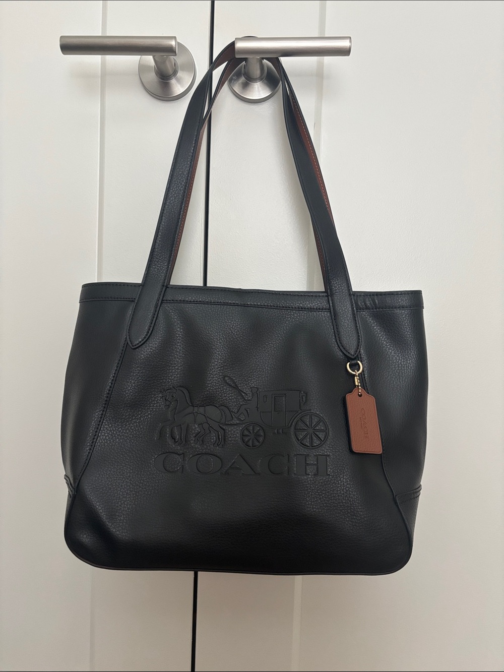 COACH Black Leather Shoulder Tote with Embossed Horse & Carriage C4063